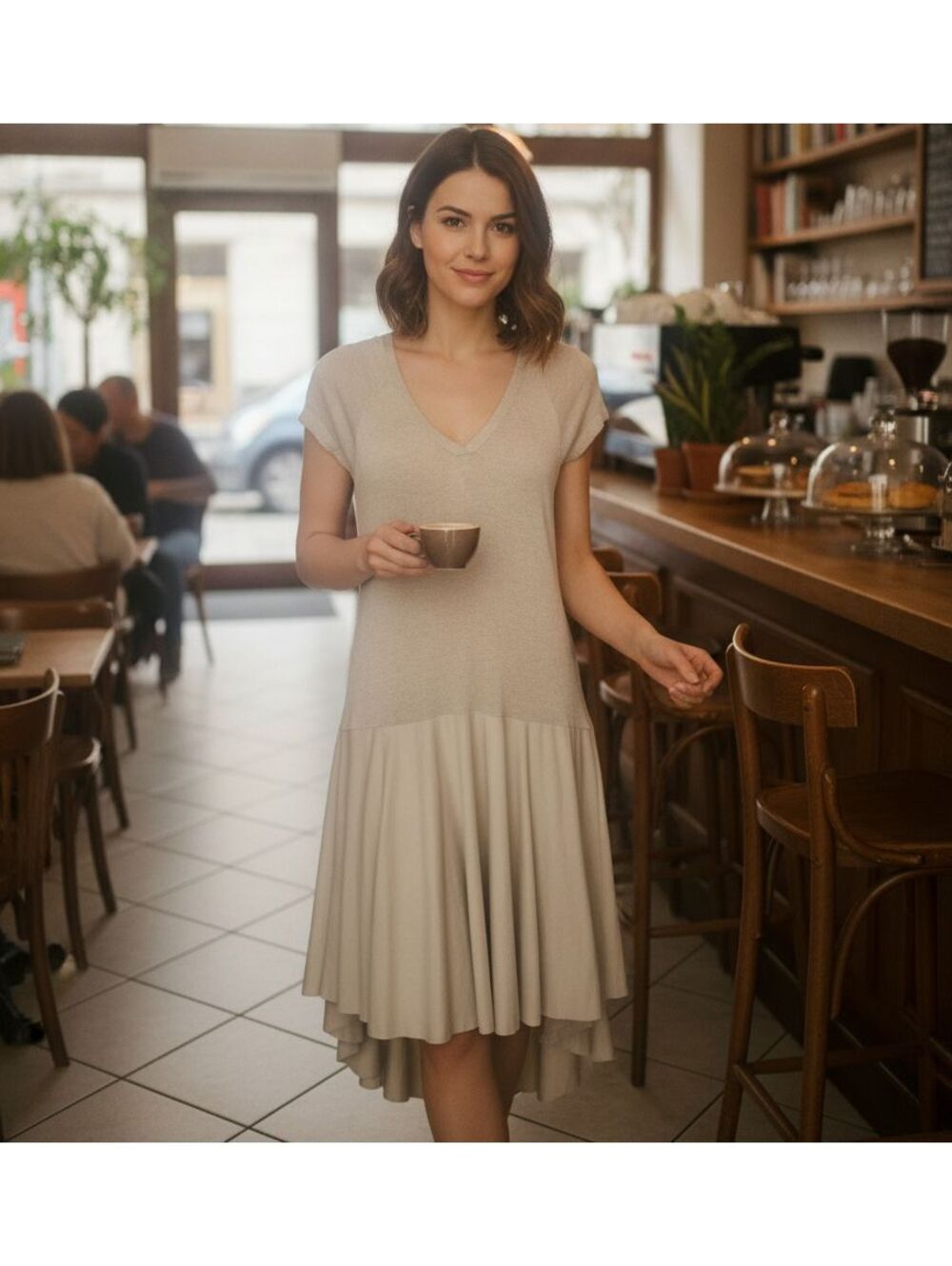 Nana Nucci Beige V-Neck Knit Fit N Flare Dress Sz S Pleated Skirt Sheer Italy